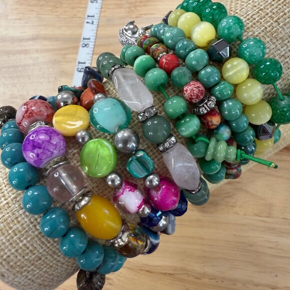 Stretch Bracelet Stack 10 Green Mixed Beads Glass Stone Shell Plastic Wearable - Picture 6 of 10